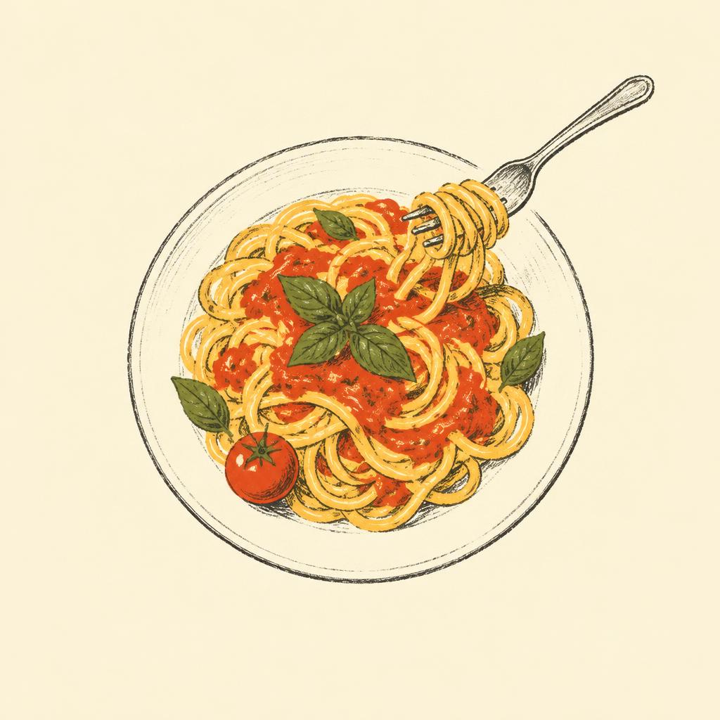 A hand-drawn plate of spaghetti with tomato sauce and basil